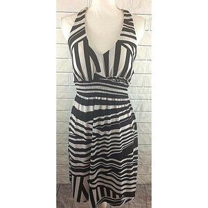 a.n.a Halter Dress Size Med Smocked Waist Summer White Black Stripes